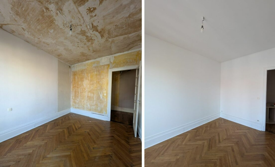 Avant après travaux d’enduit sur murs d’appartement en Île-de-France